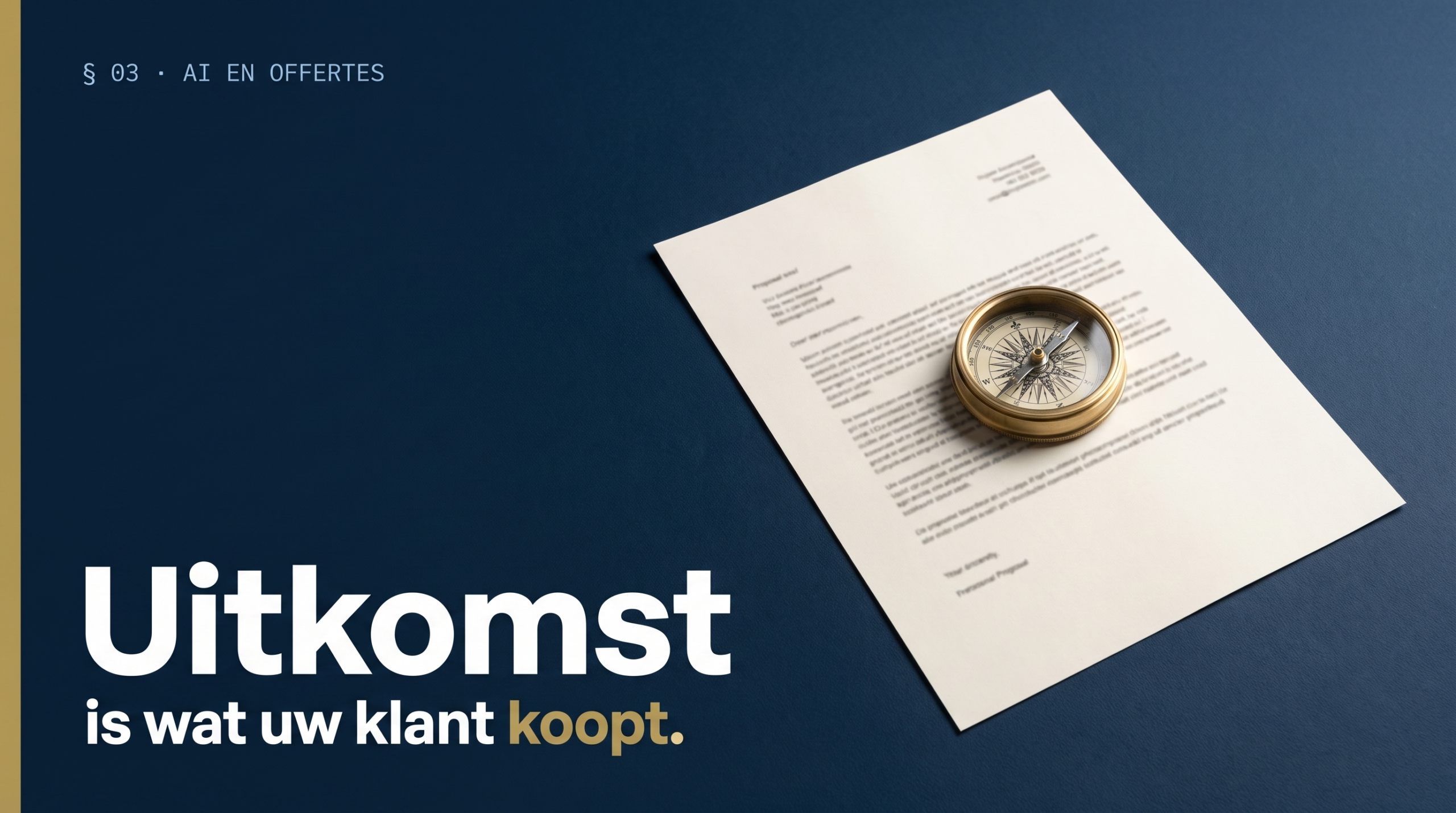 Messing kompas op een offertevel op donkerblauw: de klant koopt de uitkomst, niet de offerte.